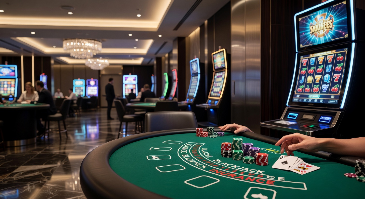 Verschiedene Casino-Tische mit Roulette, Blackjack und Spielautomaten in einem modernen Spielsaal