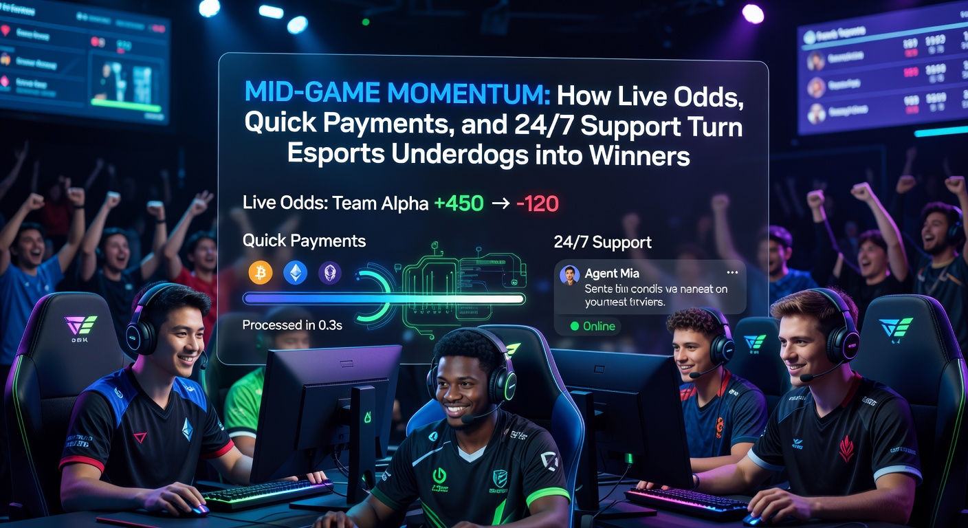 Dynamisches E-Sports-Match mit Live-Quoten-Overlay und jubelnden Spielern, das den Shift im Momentum einfängt