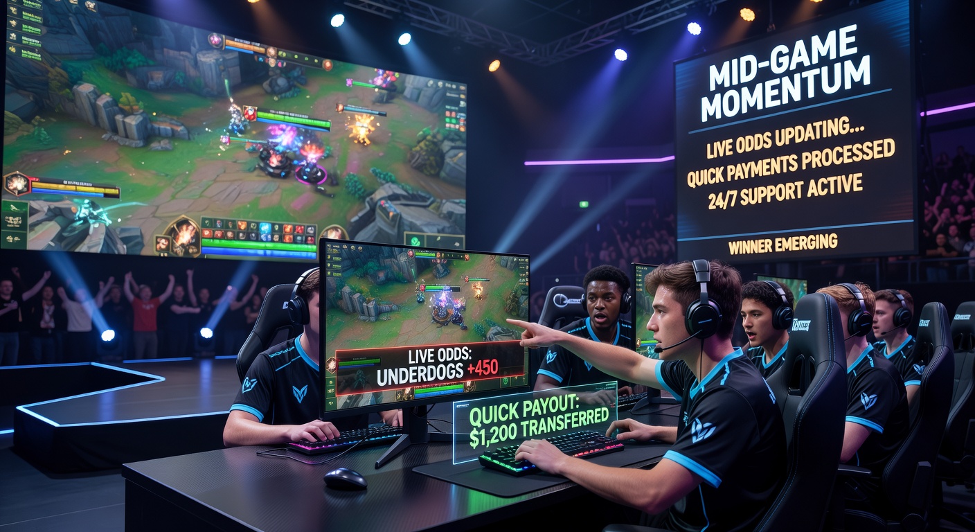 Nahaufnahme eines E-Sports-Teams bei einem Mid-Game-Comeback mit Live-Chat-Support und Auszahlungs-Bestätigung auf dem Screen