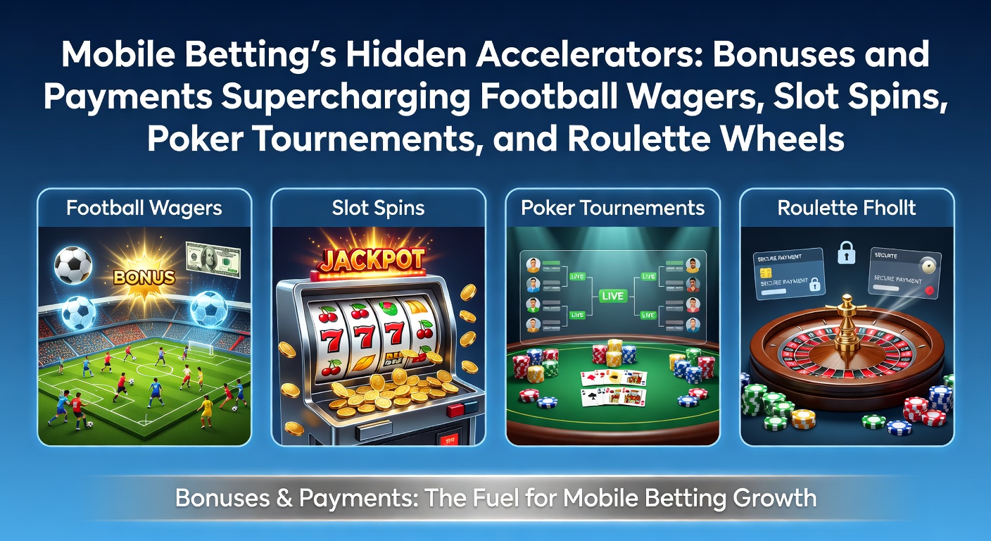 Smartphone mit laufenden Wetten auf Fußball, Slots und Roulette, umgeben von Bonus-Symbolen und Zahlungsikonen