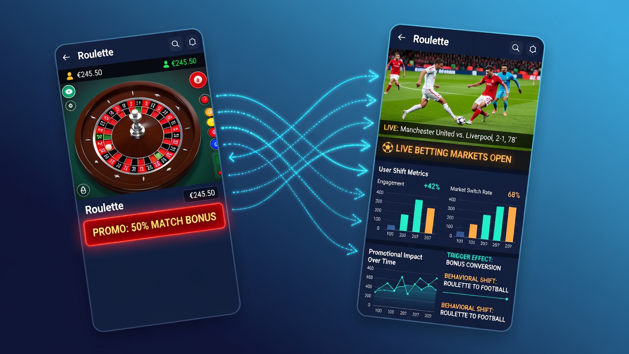 Data visualization of user shifts from roulette to live football markets driven by promotional triggers