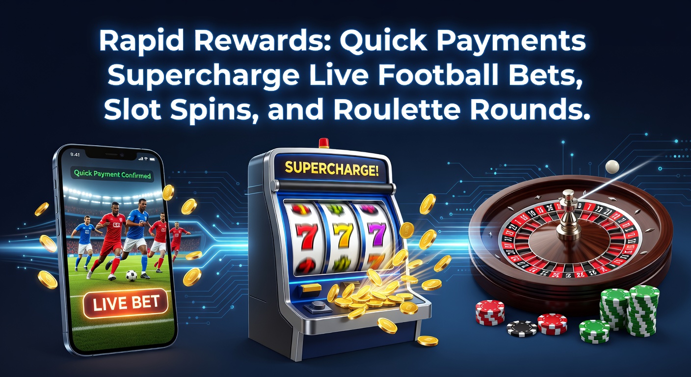 Grafik zeigt dynamische Live-Wetten-Szene mit Fußball, Slots und Roulette, unterstrichen durch schnelle Zahlungsblitze